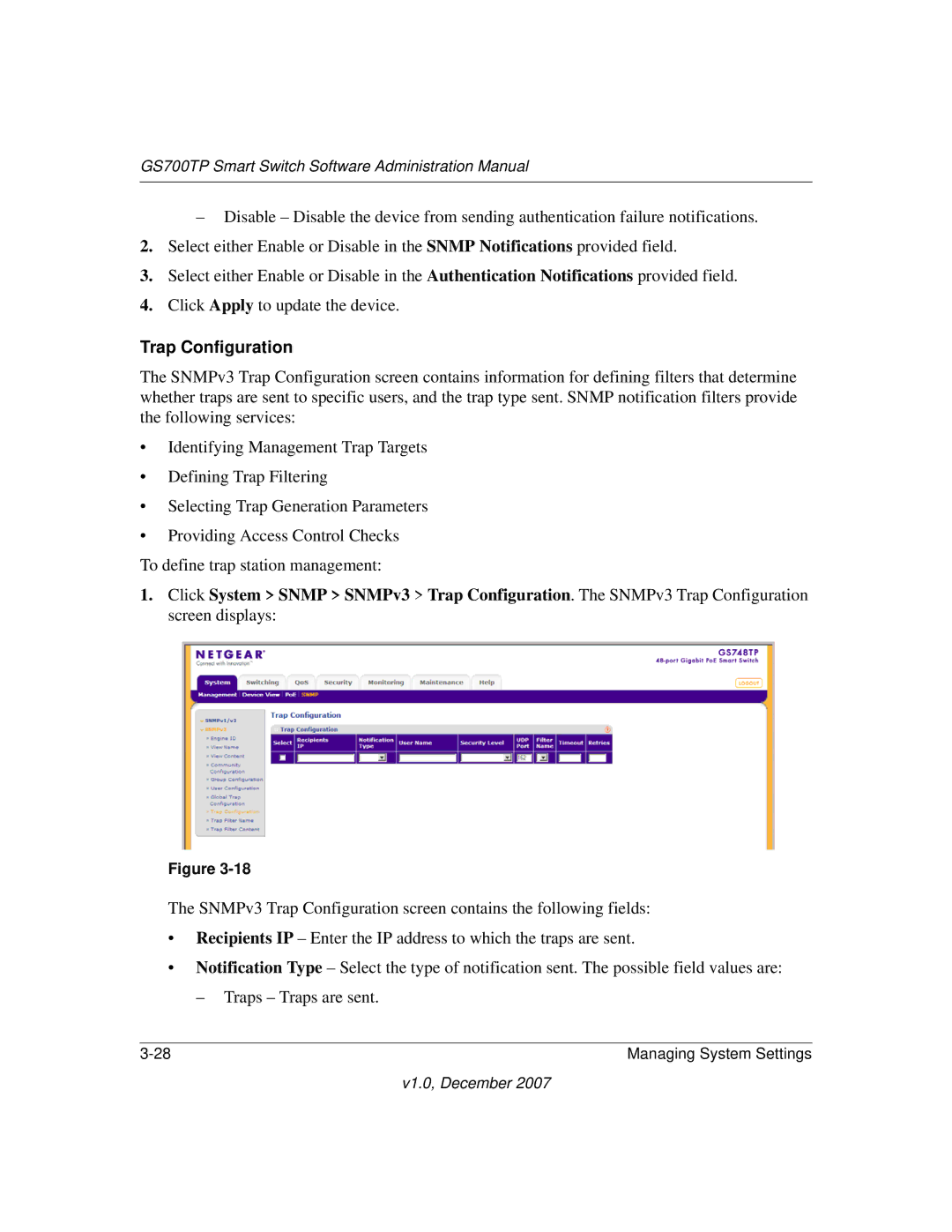 NETGEAR GS700TP manual Trap Configuration 