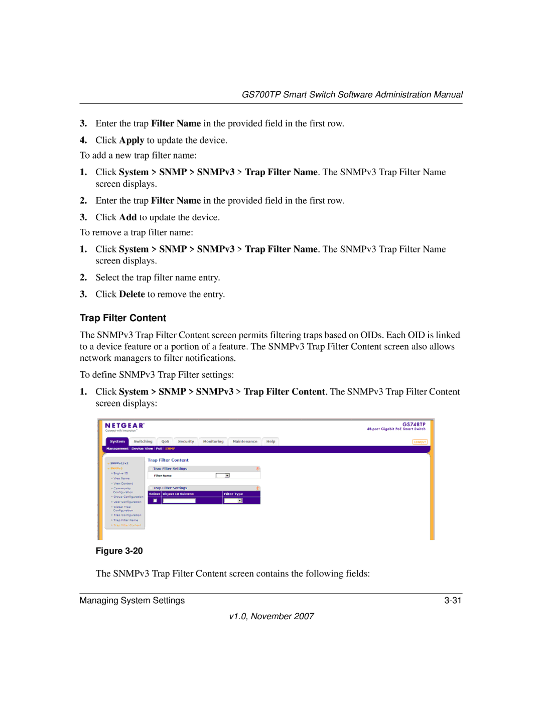 NETGEAR GS700TP manual Trap Filter Content 