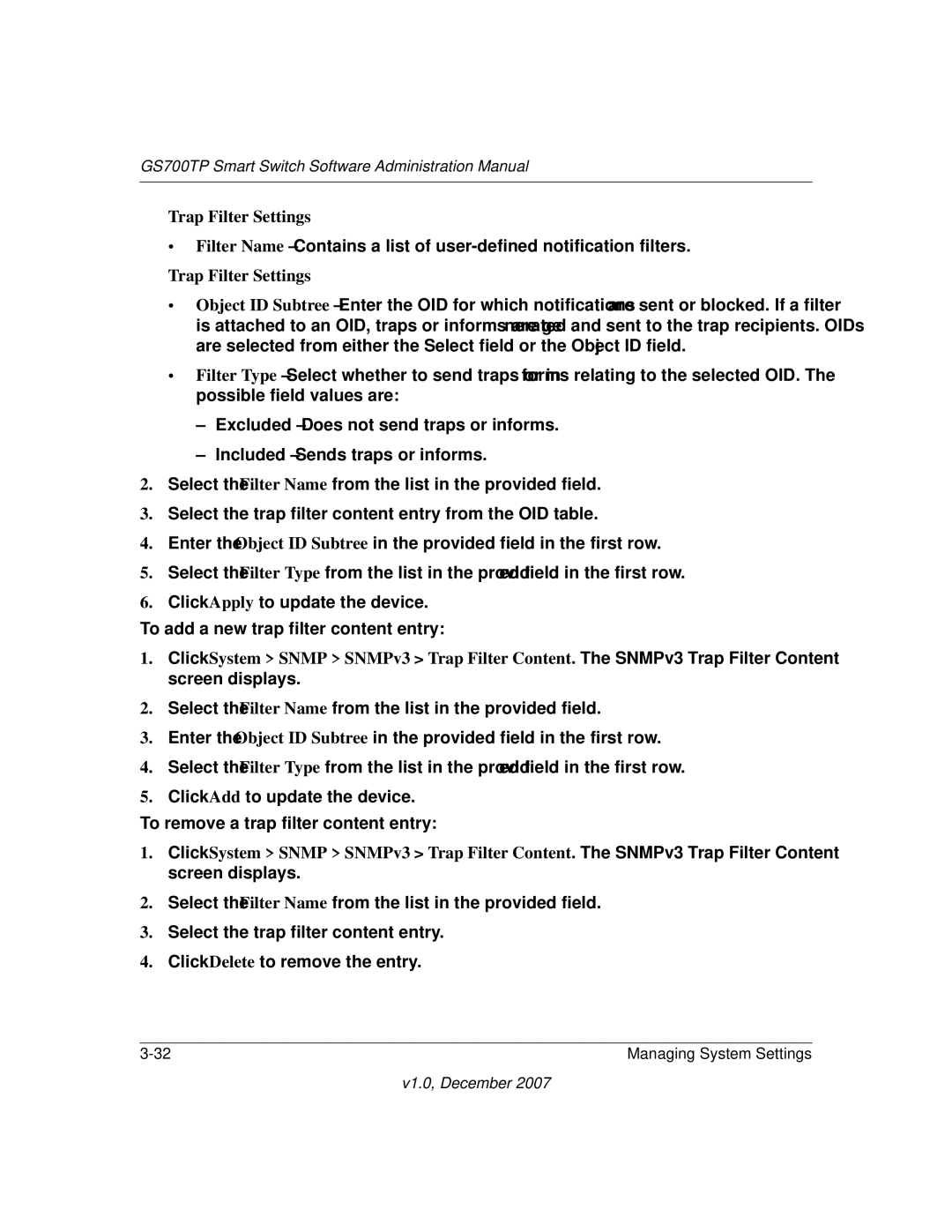 NETGEAR GS700TP manual Trap Filter Settings 