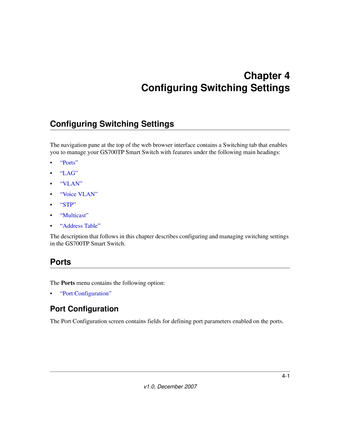 NETGEAR GS700TP manual Chapter Configuring Switching Settings, Ports, Port Configuration 