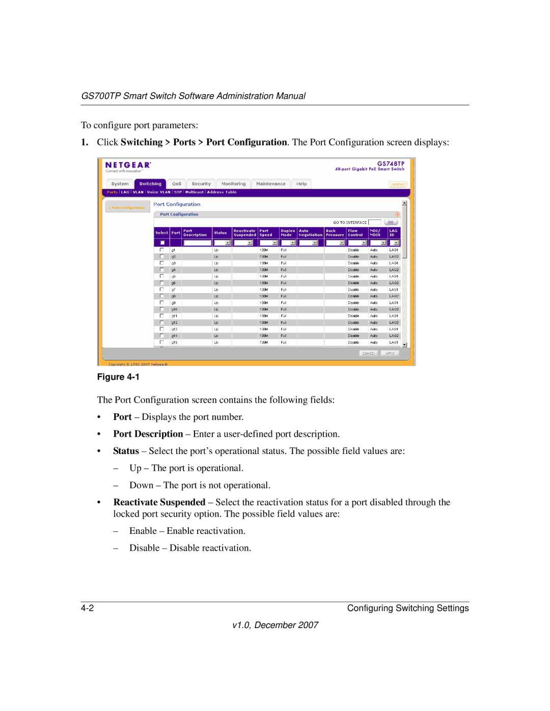 NETGEAR GS700TP manual Configuring Switching Settings 