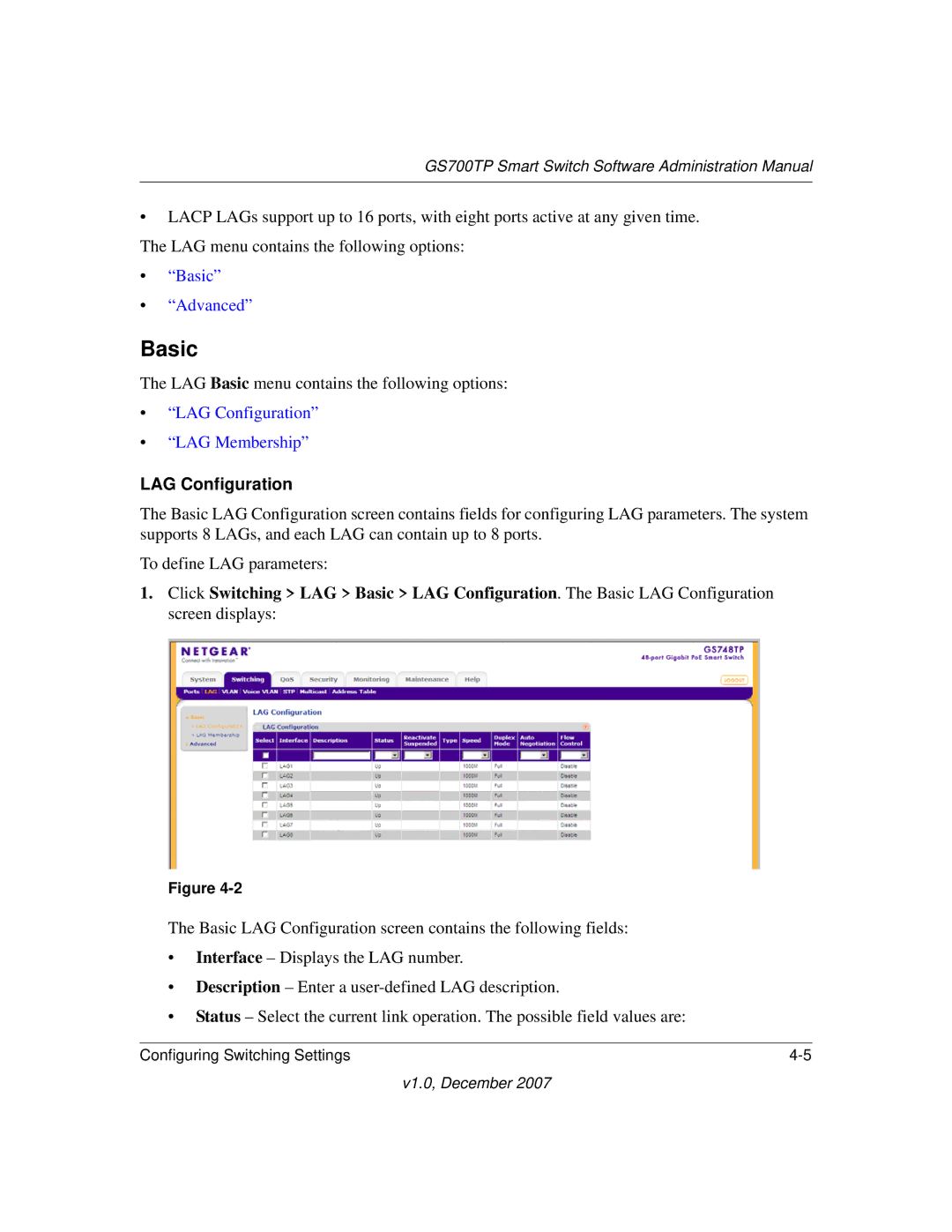 NETGEAR GS700TP manual Basic, LAG Configuration 