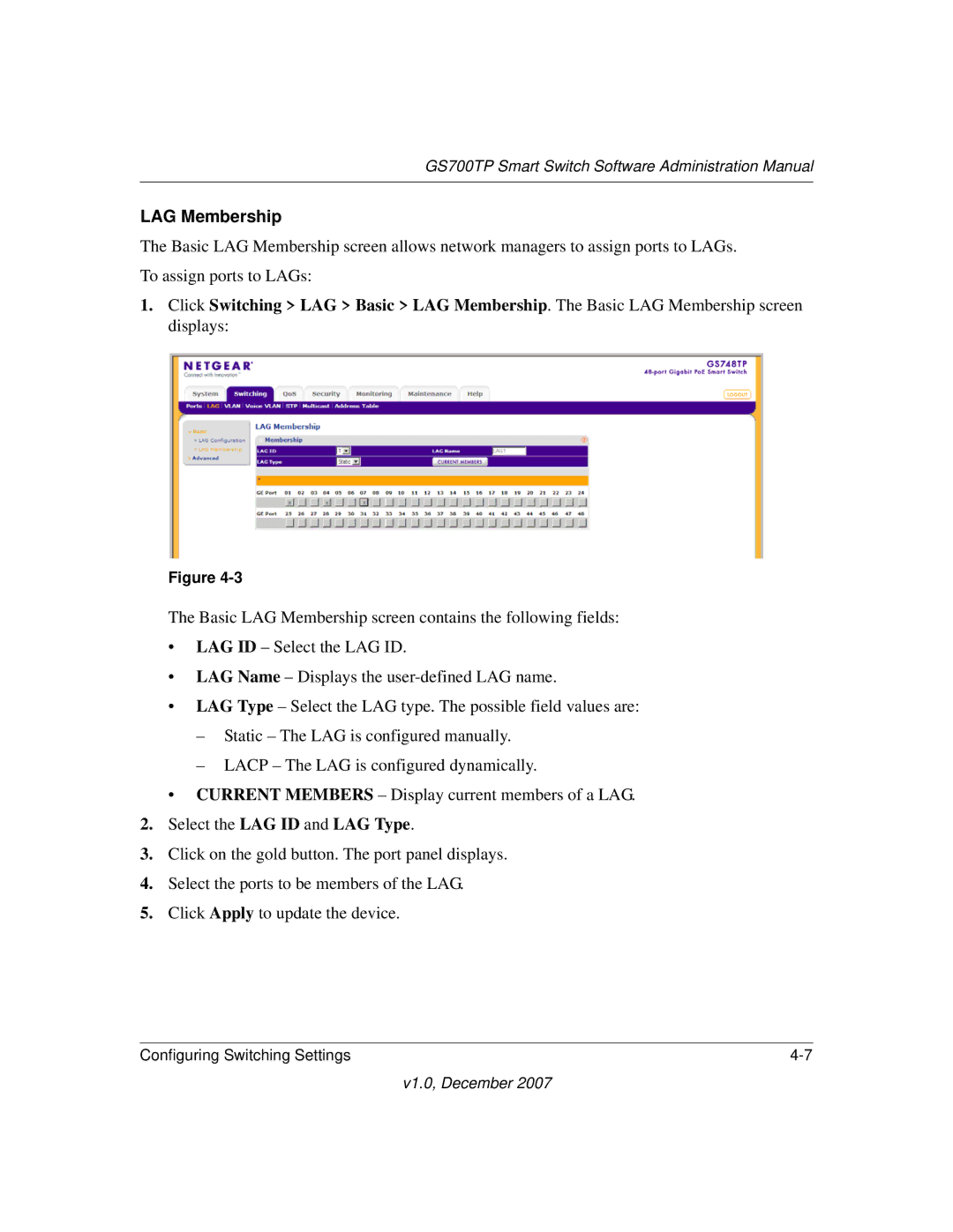 NETGEAR GS700TP manual LAG Membership 