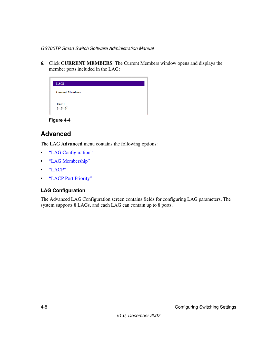 NETGEAR GS700TP manual LAG Configuration LAG Membership Lacp Lacp Port Priority 