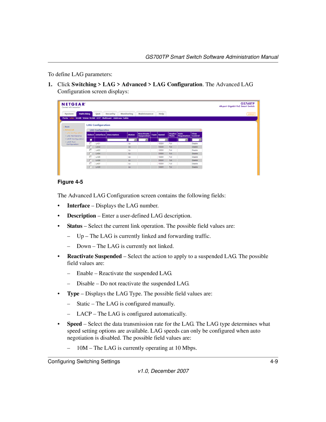 NETGEAR GS700TP manual To define LAG parameters 