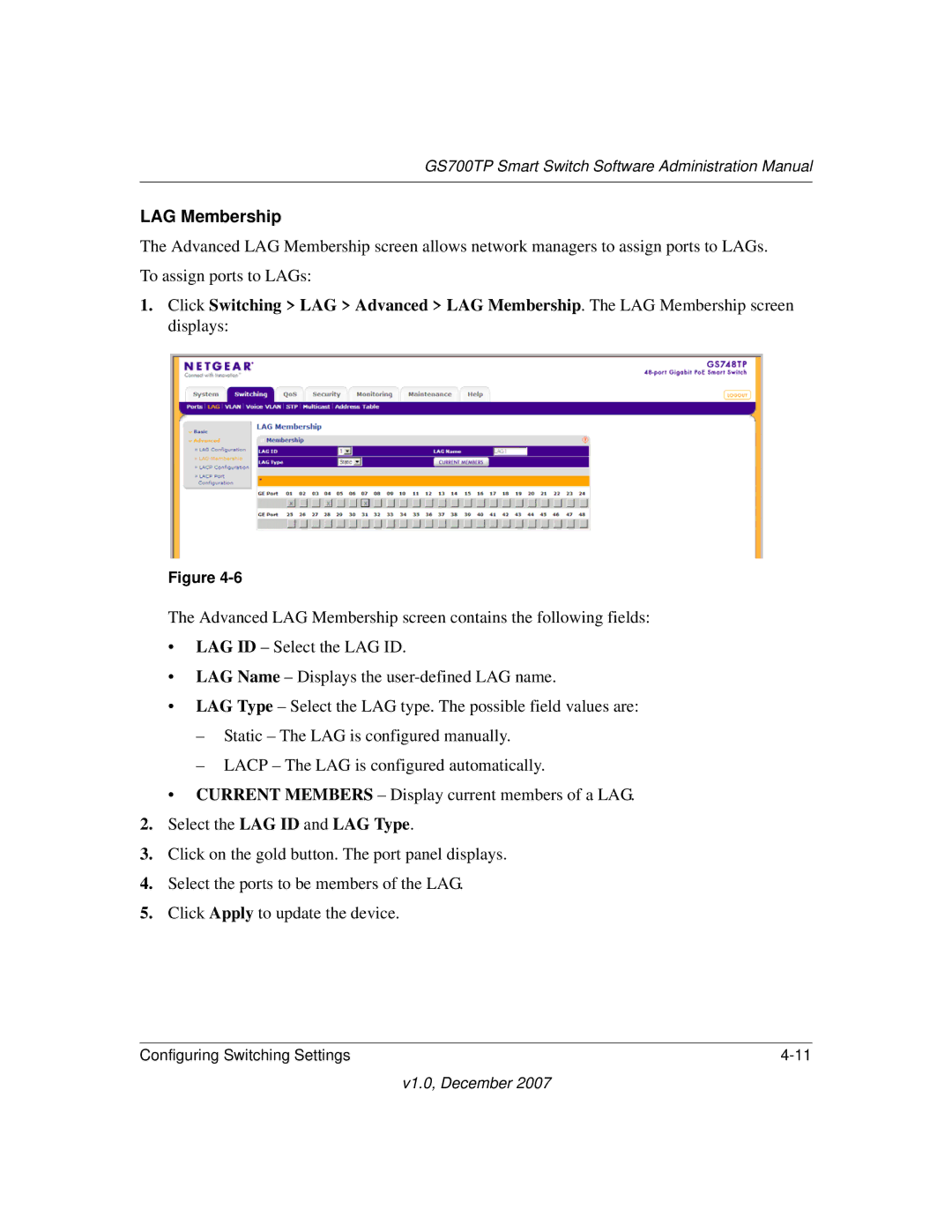 NETGEAR GS700TP manual LAG Membership 