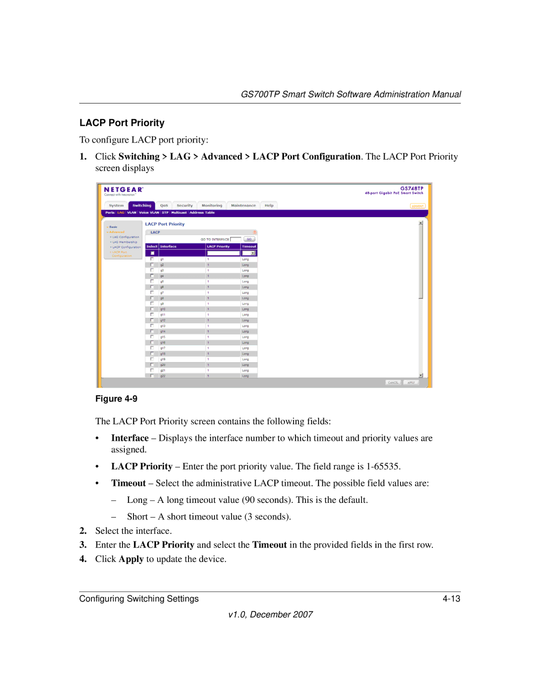 NETGEAR GS700TP manual Lacp Port Priority 