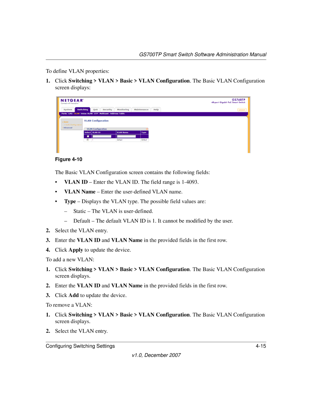 NETGEAR GS700TP manual To define Vlan properties 