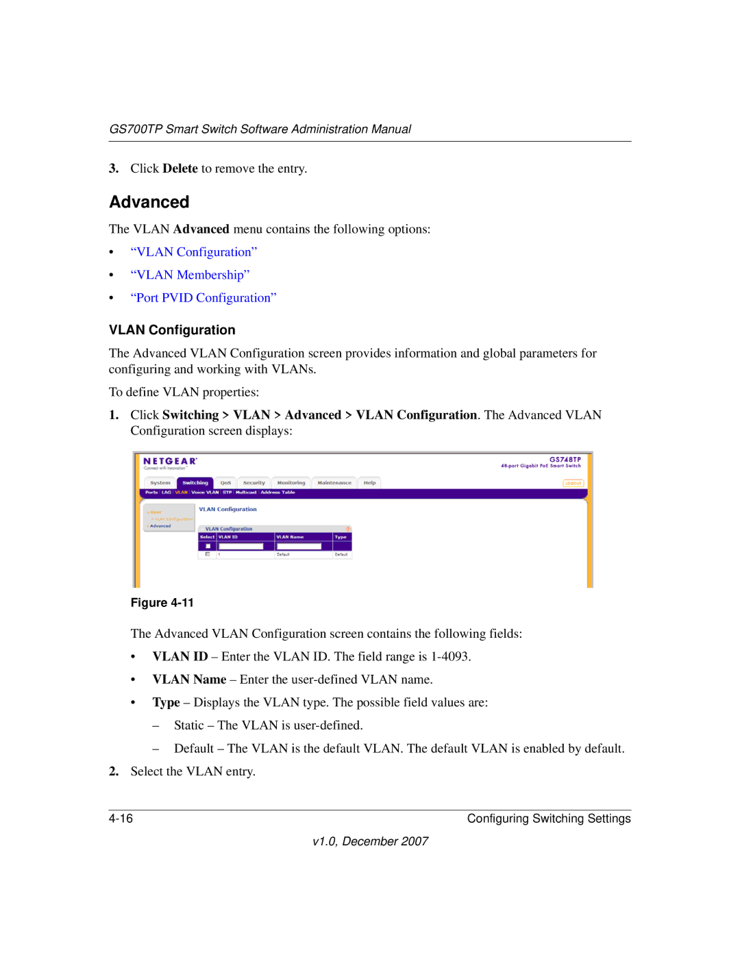 NETGEAR GS700TP manual Vlan Configuration Vlan Membership Port Pvid Configuration 