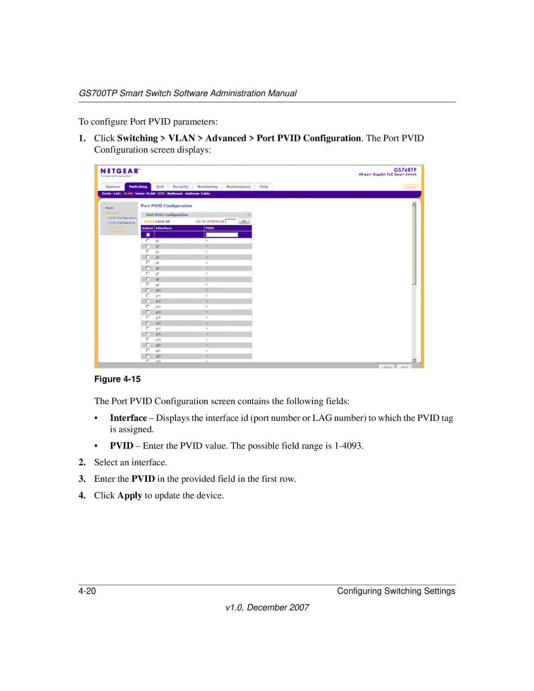 NETGEAR GS700TP manual To configure Port Pvid parameters 