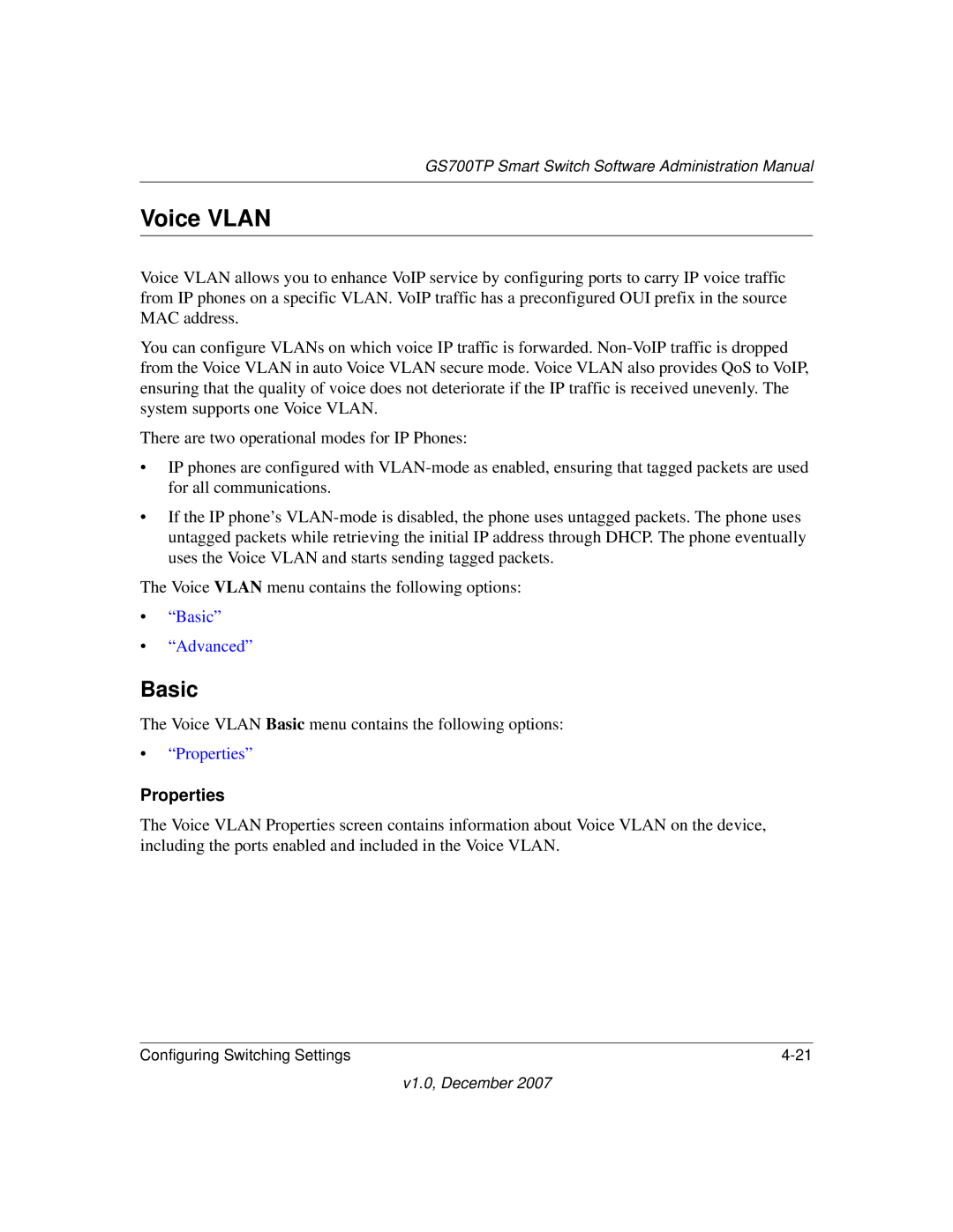 NETGEAR GS700TP manual Voice Vlan, Properties 