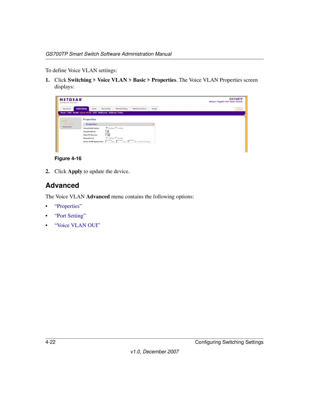 NETGEAR GS700TP manual Properties Port Setting Voice Vlan OUI 