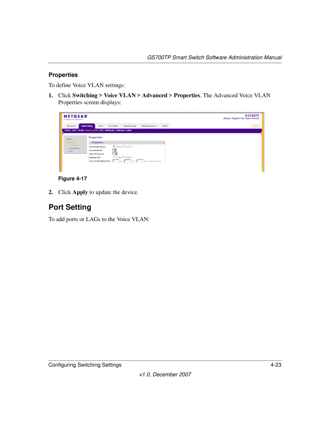 NETGEAR GS700TP manual Port Setting, To add ports or LAGs to the Voice Vlan 