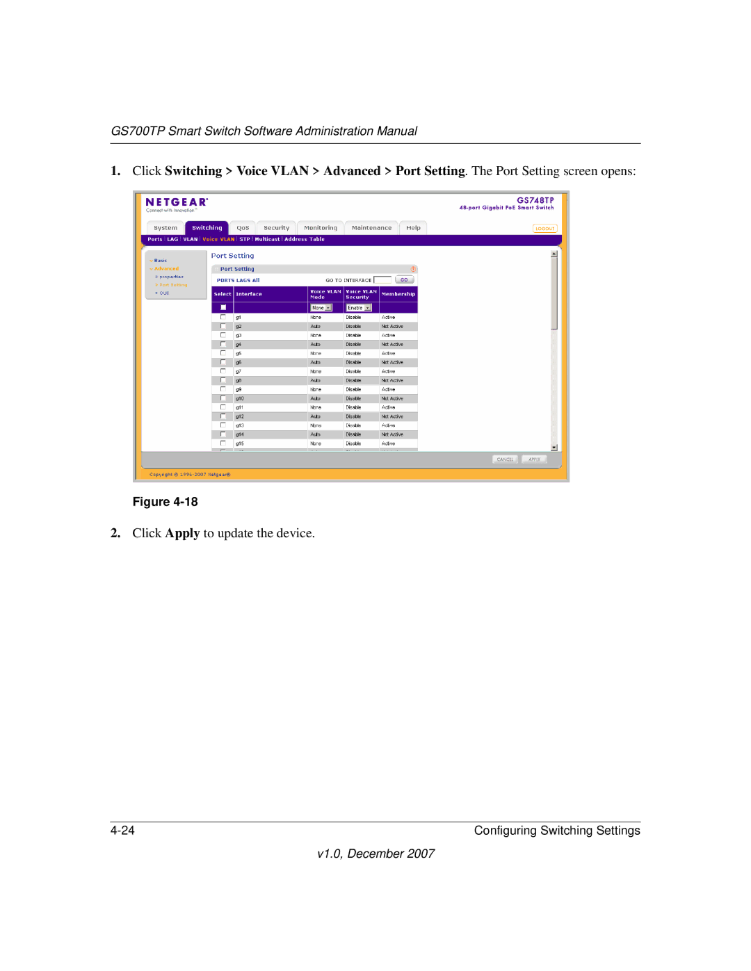 NETGEAR GS700TP manual Click Apply to update the device 