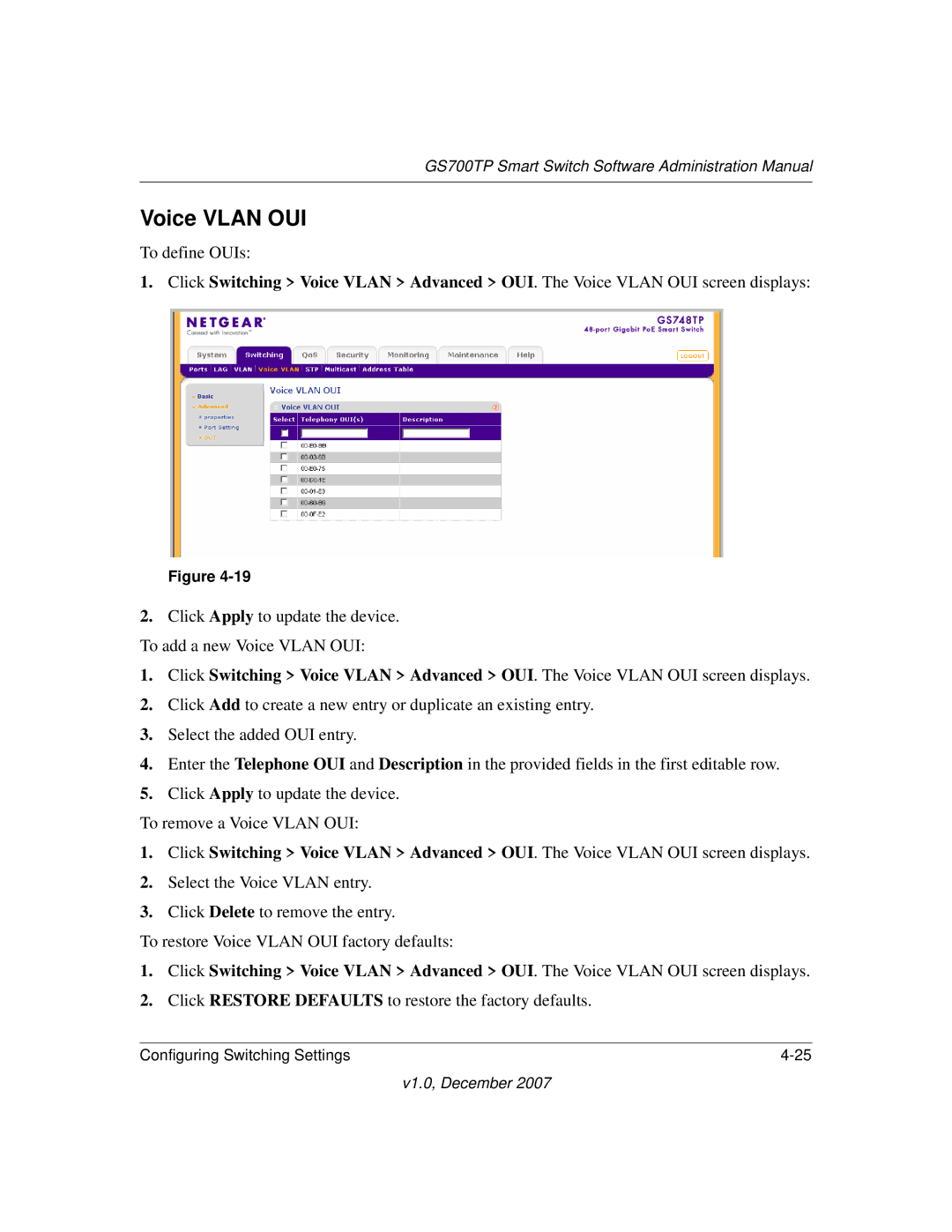 NETGEAR GS700TP manual Voice Vlan OUI 