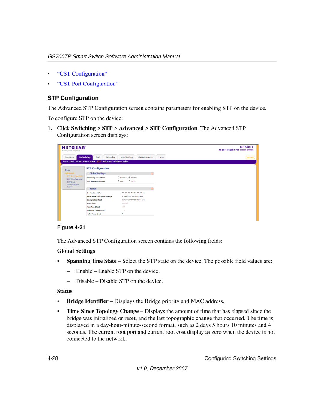 NETGEAR GS700TP manual CST Configuration CST Port Configuration 