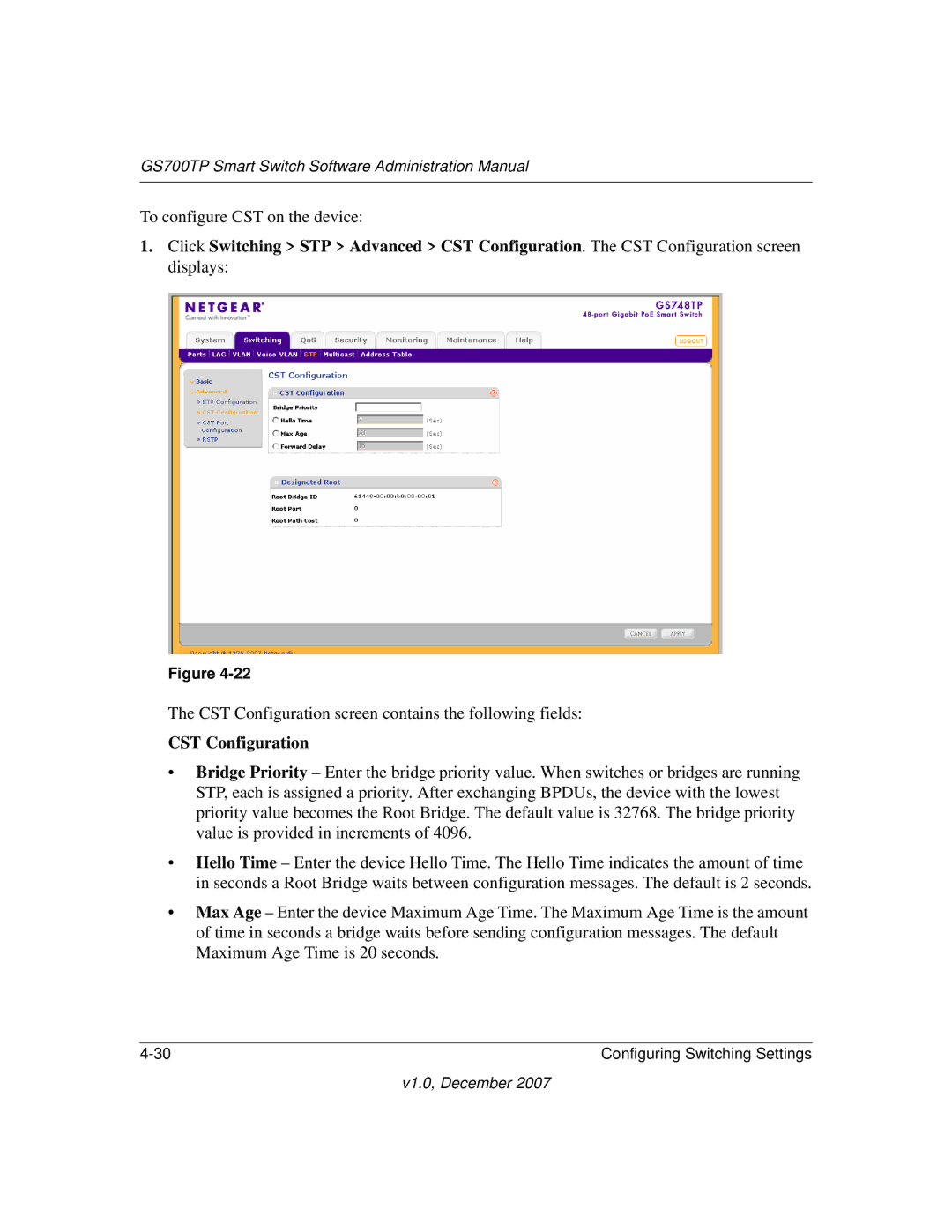 NETGEAR GS700TP manual CST Configuration 