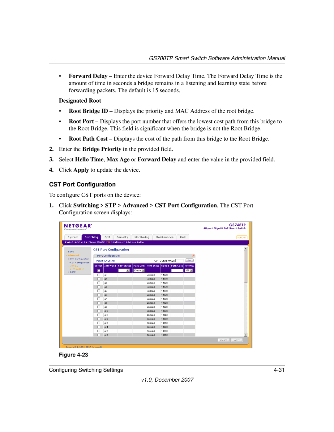 NETGEAR GS700TP manual Designated Root, CST Port Configuration 