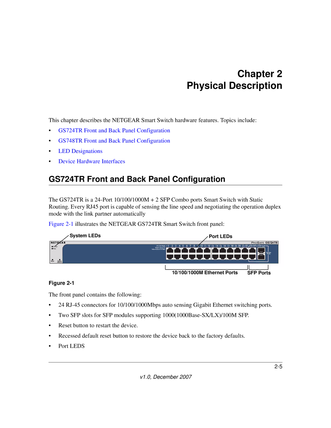 NETGEAR GS700TR manual Chapter Physical Description, GS724TR Front and Back Panel Configuration 