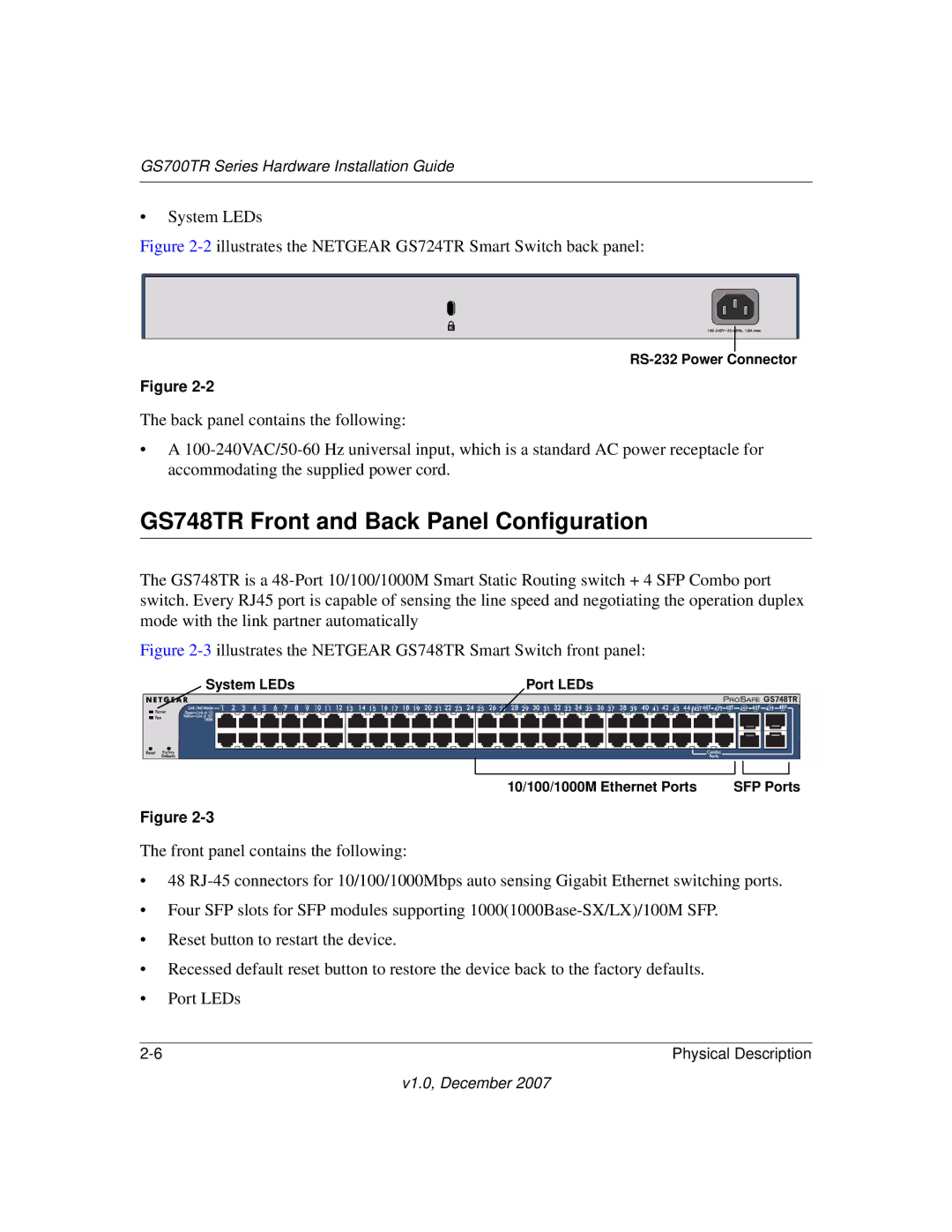 NETGEAR GS700TR manual GS748TR Front and Back Panel Configuration, 2illustrates the Netgear GS724TR Smart Switch back panel 