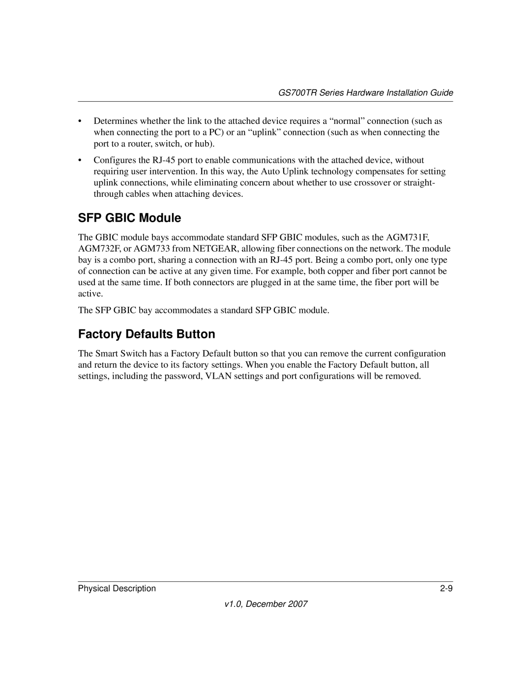 NETGEAR GS700TR manual SFP Gbic Module, Factory Defaults Button 