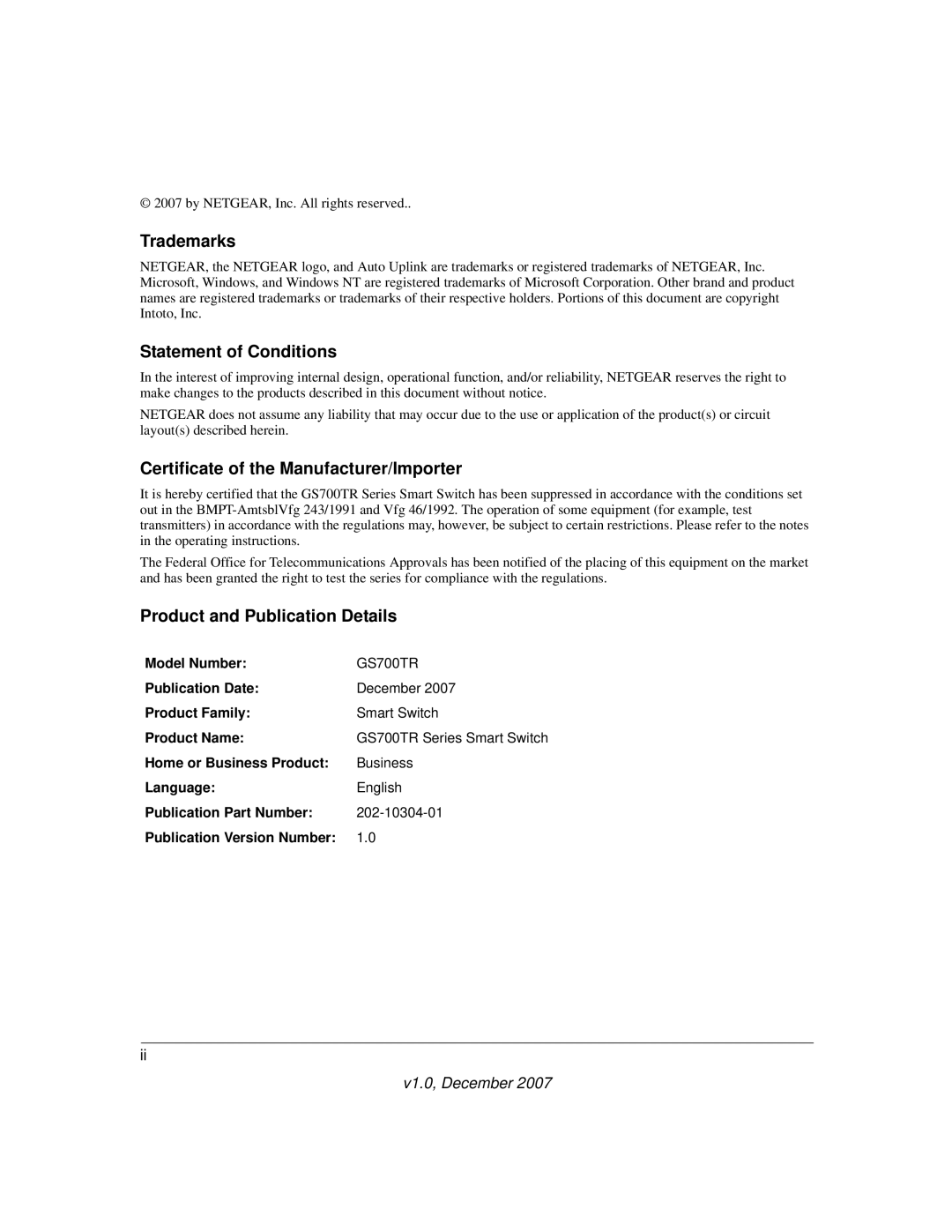 NETGEAR GS700TR manual Trademarks 