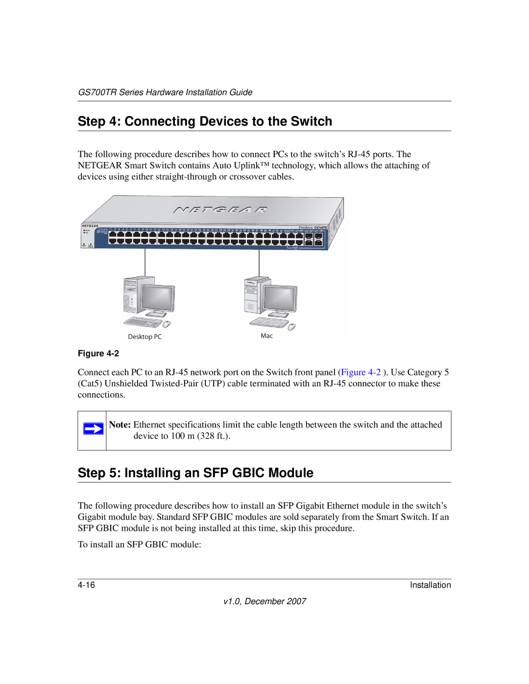 NETGEAR GS700TR manual Connecting Devices to the Switch, Installing an SFP Gbic Module 