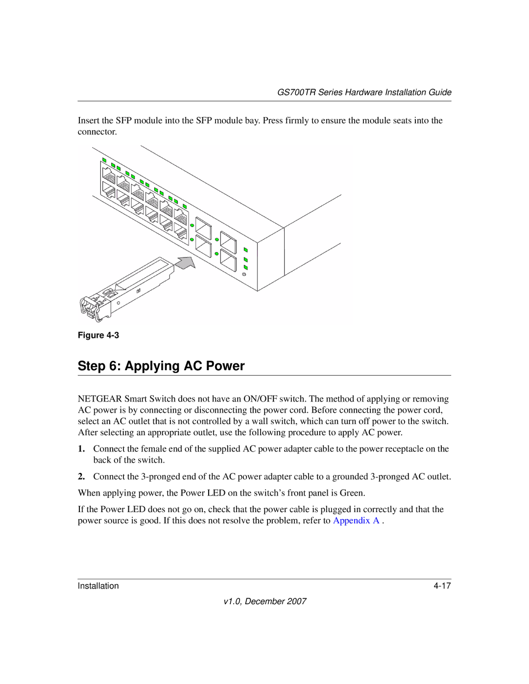 NETGEAR GS700TR manual Applying AC Power 