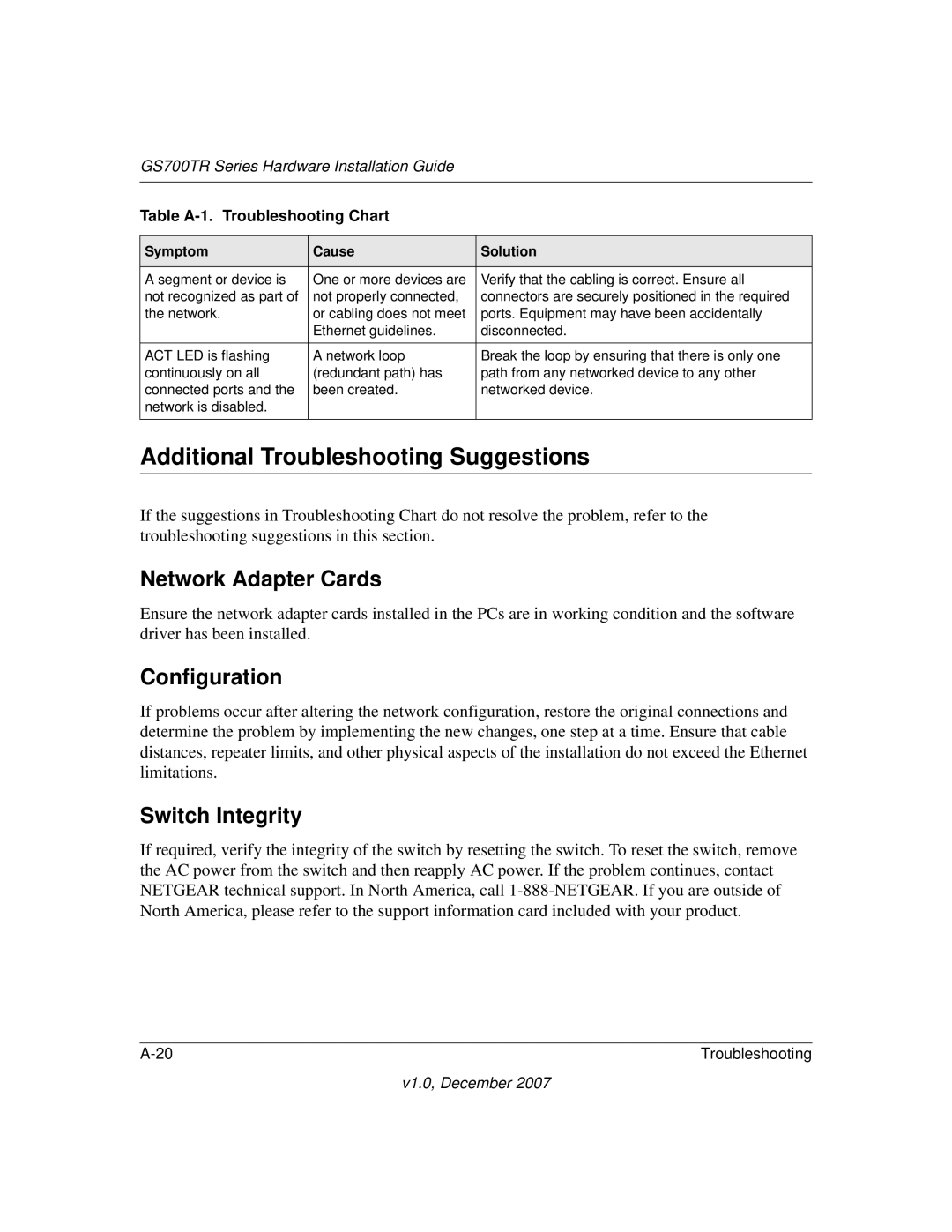 NETGEAR GS700TR manual Additional Troubleshooting Suggestions, Network Adapter Cards, Configuration, Switch Integrity 