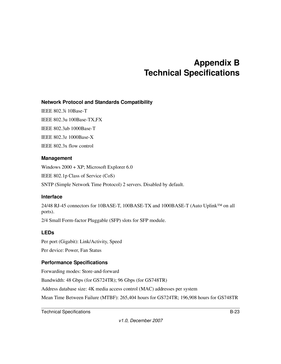 NETGEAR GS700TR manual Appendix B Technical Specifications, Network Protocol and Standards Compatibility 