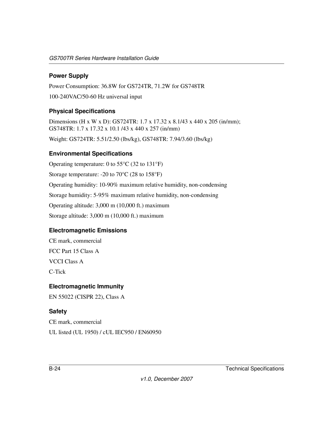 NETGEAR GS700TR manual Electromagnetic Emissions 