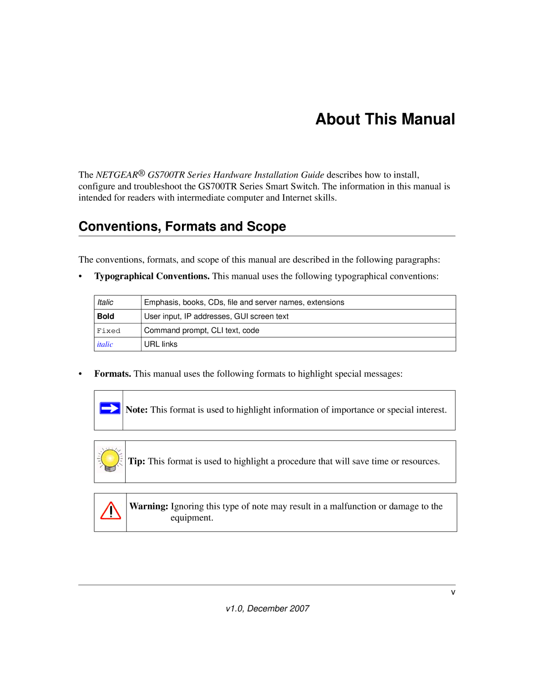 NETGEAR GS700TR manual About This Manual, Conventions, Formats and Scope 