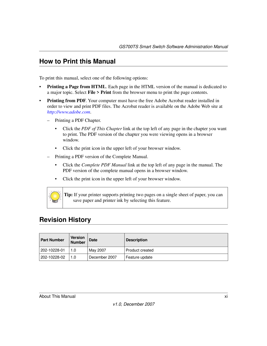 NETGEAR GS700TS manual How to Print this Manual, Revision History 