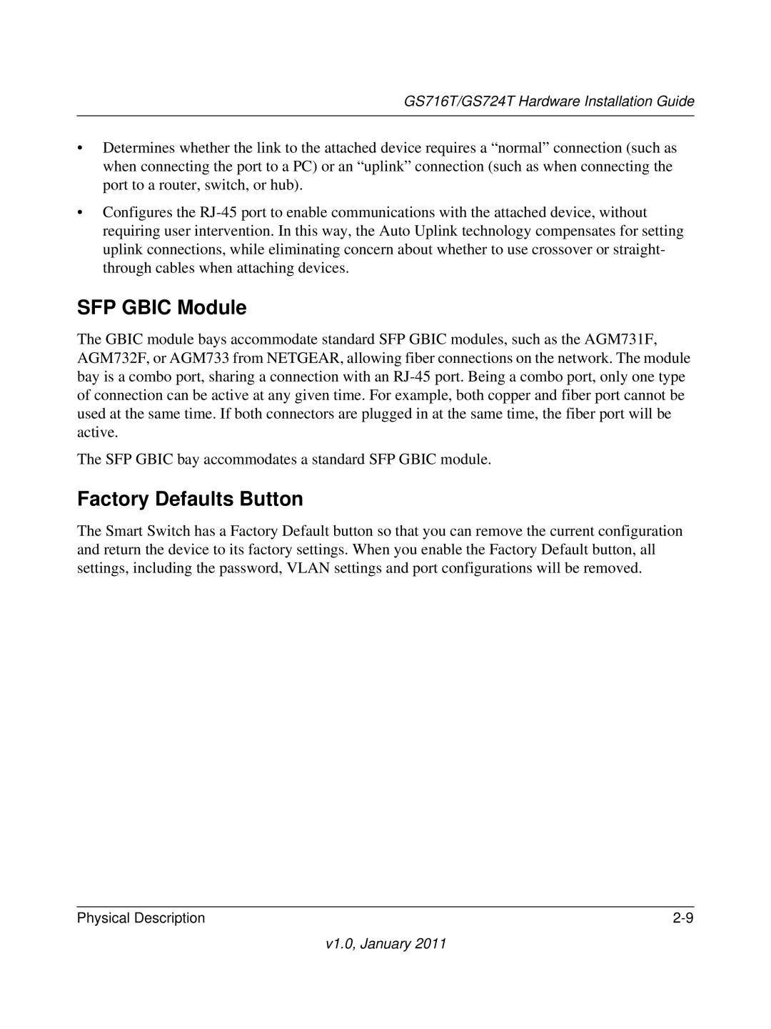 NETGEAR GS724T-300NAS manual SFP Gbic Module, Factory Defaults Button 