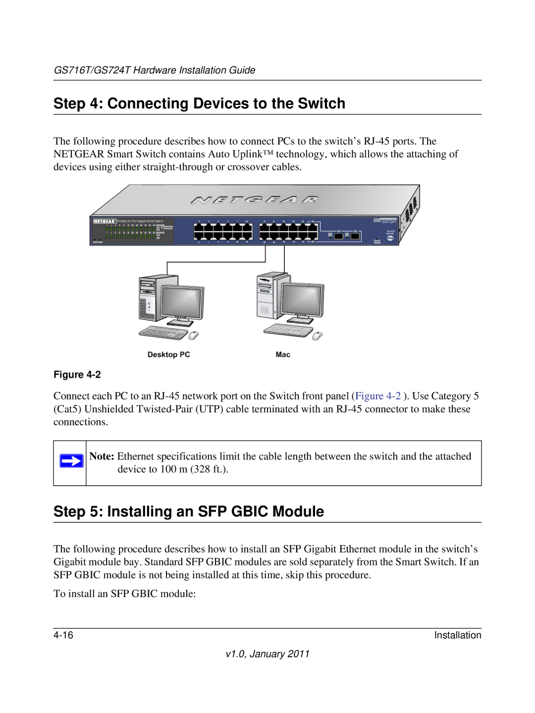 NETGEAR GS724T-300NAS manual Connecting Devices to the Switch, Installing an SFP Gbic Module 