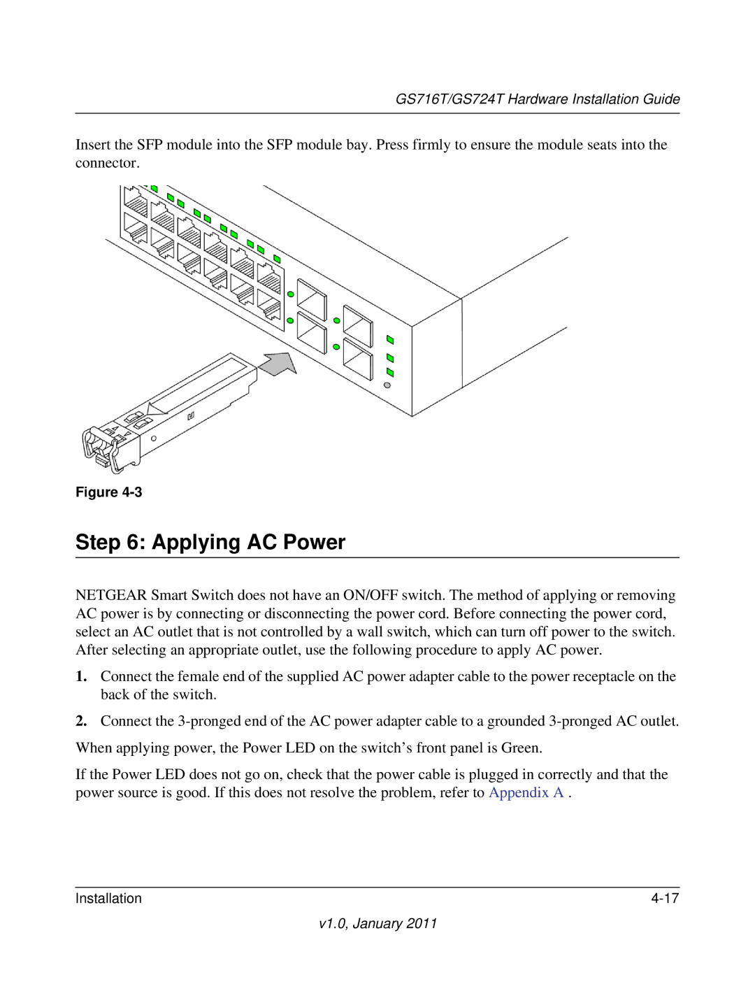 NETGEAR GS724T-300NAS manual Applying AC Power 