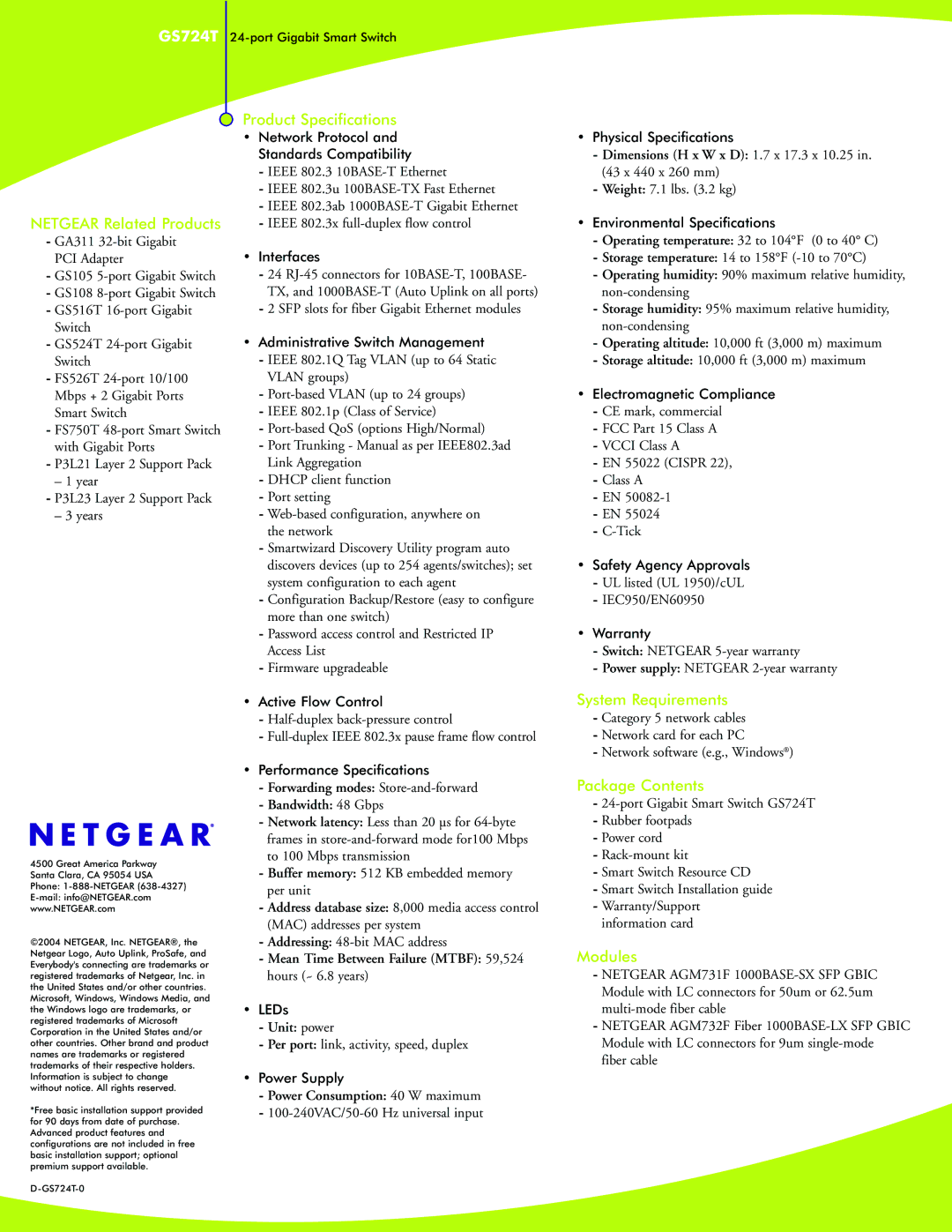 NETGEAR GS724T manual Netgear Related Products, Product Specifications, System Requirements, Package Contents, Modules 