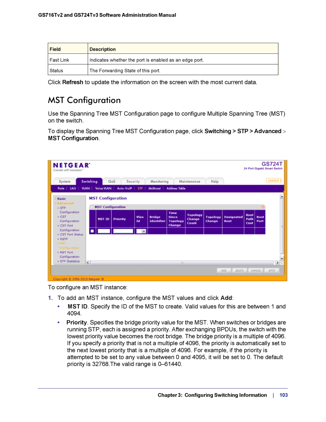 NETGEAR GS724TS-100NAS manual MST Configuration 