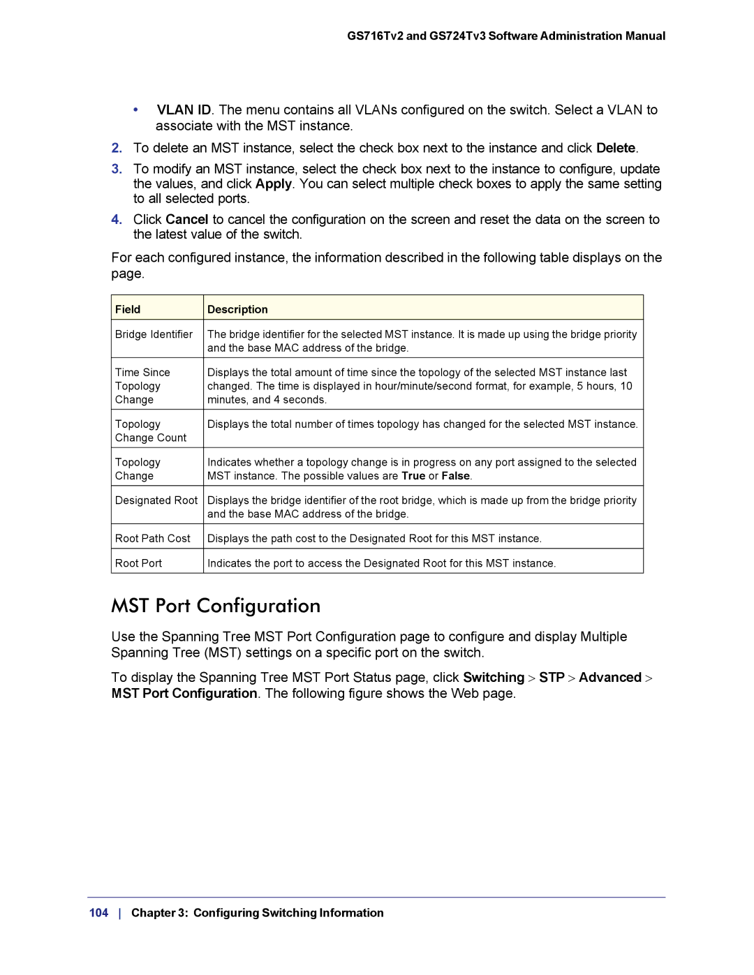 NETGEAR GS724TS-100NAS manual MST Port Configuration 