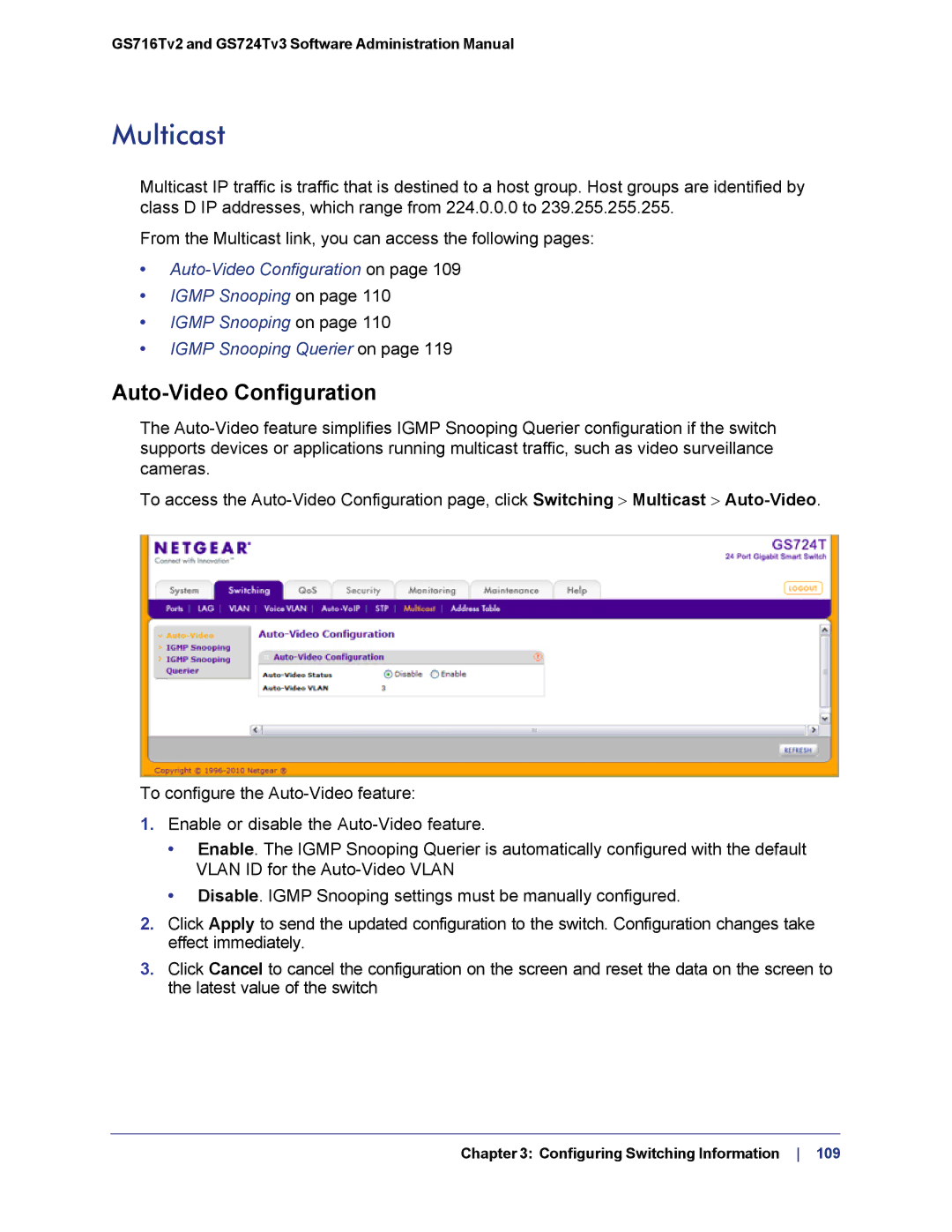 NETGEAR GS724TS-100NAS manual Multicast, Auto-Video Configuration 