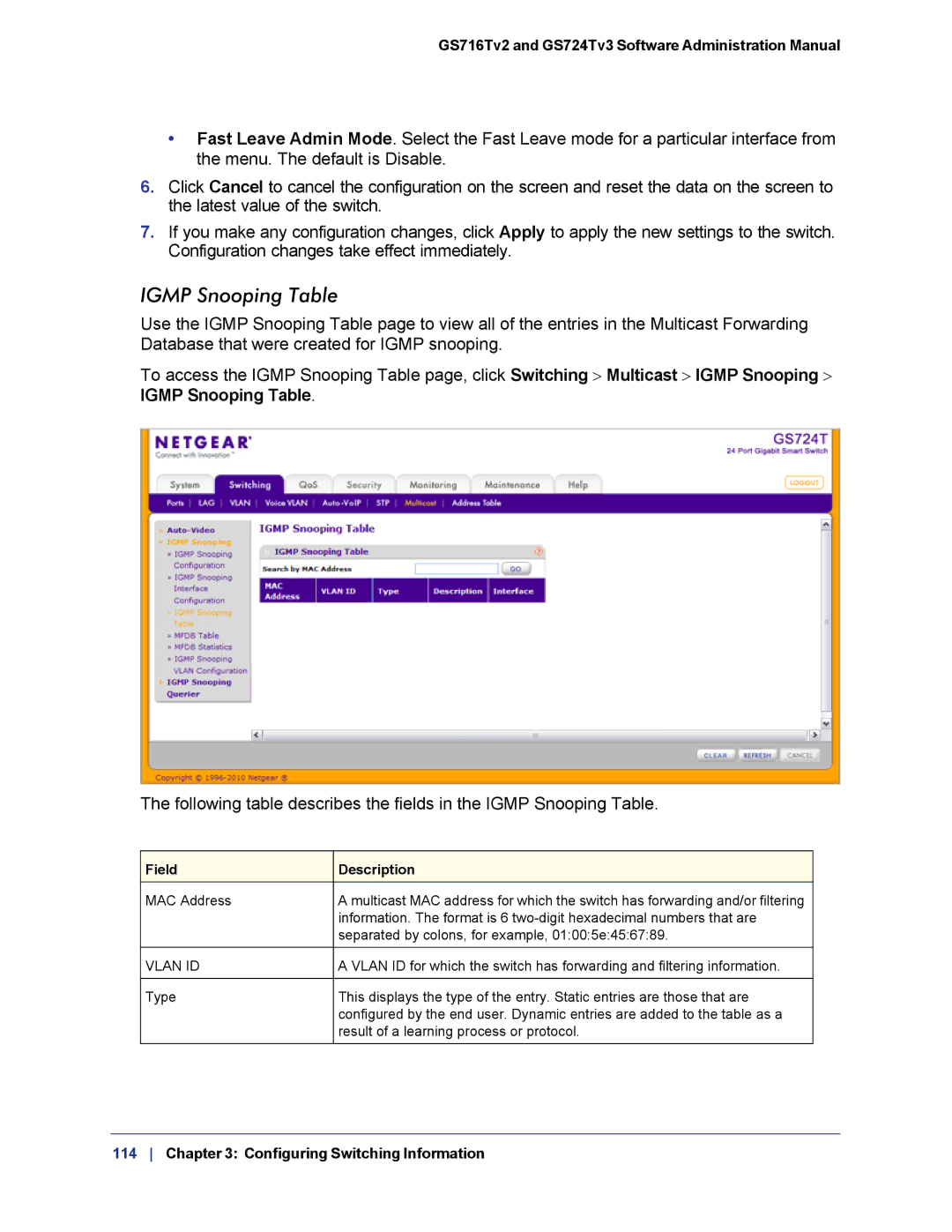 NETGEAR GS724TS-100NAS manual Igmp Snooping Table 