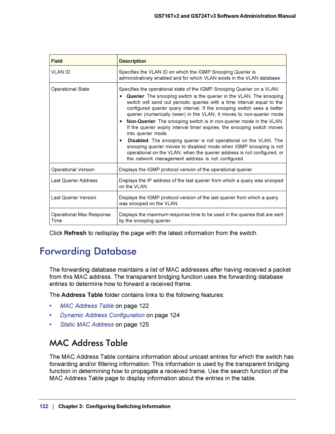 NETGEAR GS724TS-100NAS manual Forwarding Database, MAC Address Table 