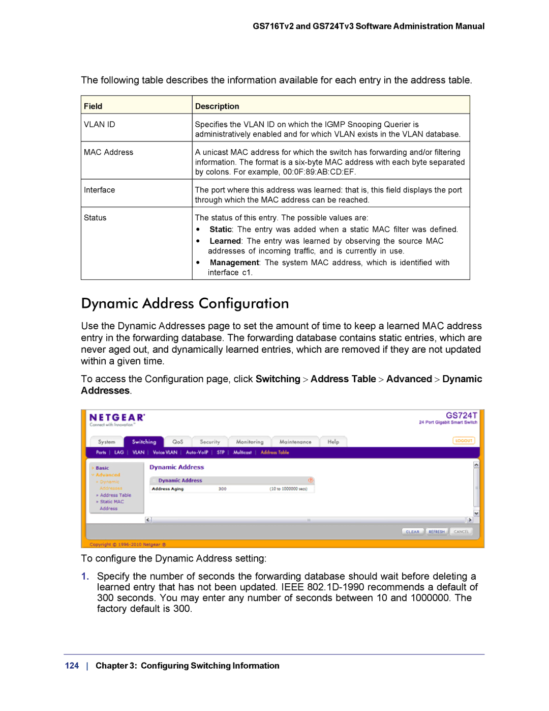 NETGEAR GS724TS-100NAS manual Dynamic Address Configuration 