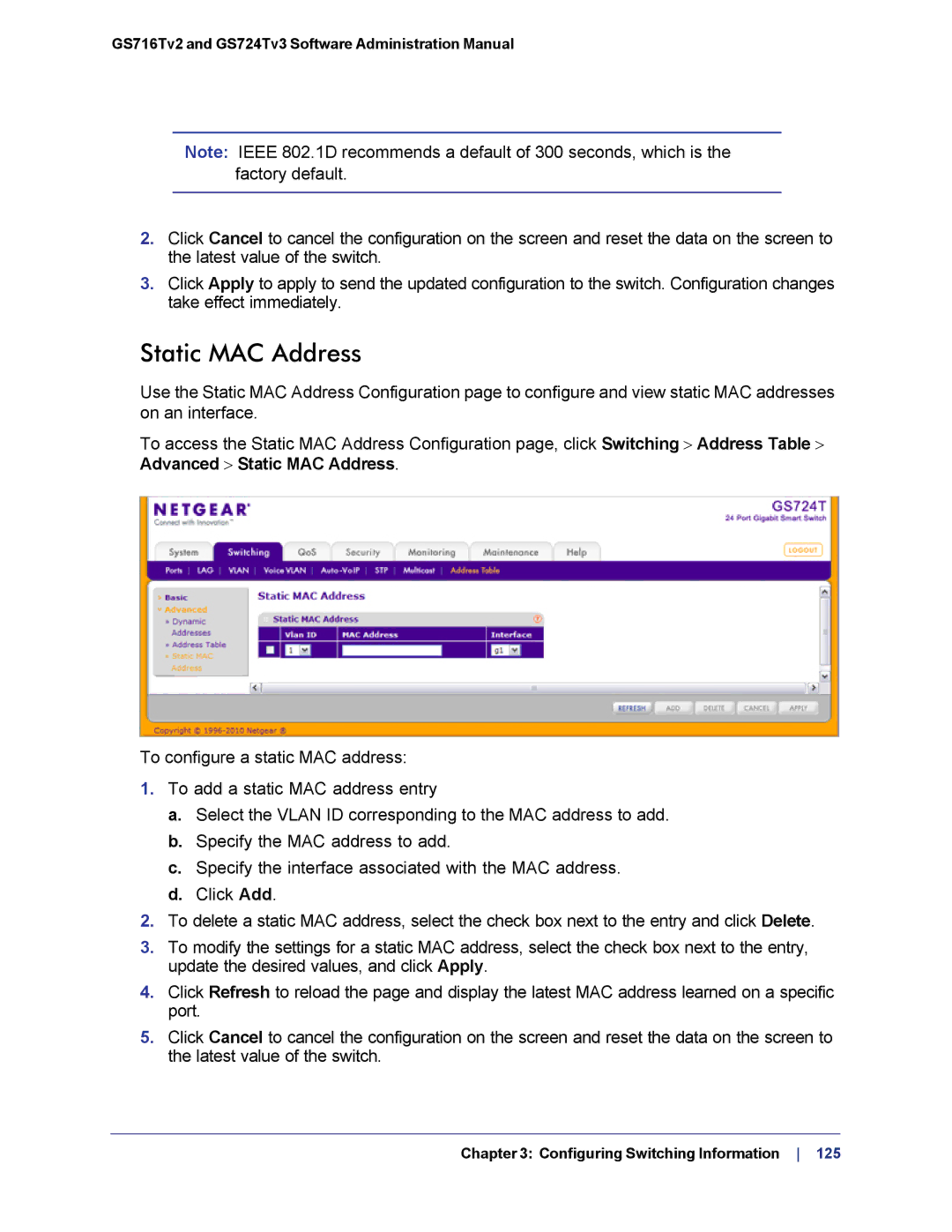 NETGEAR GS724TS-100NAS manual Static MAC Address 