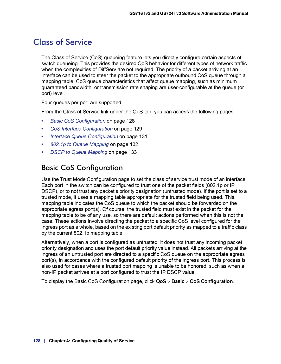 NETGEAR GS724TS-100NAS manual Class of Service, Basic CoS Configuration 