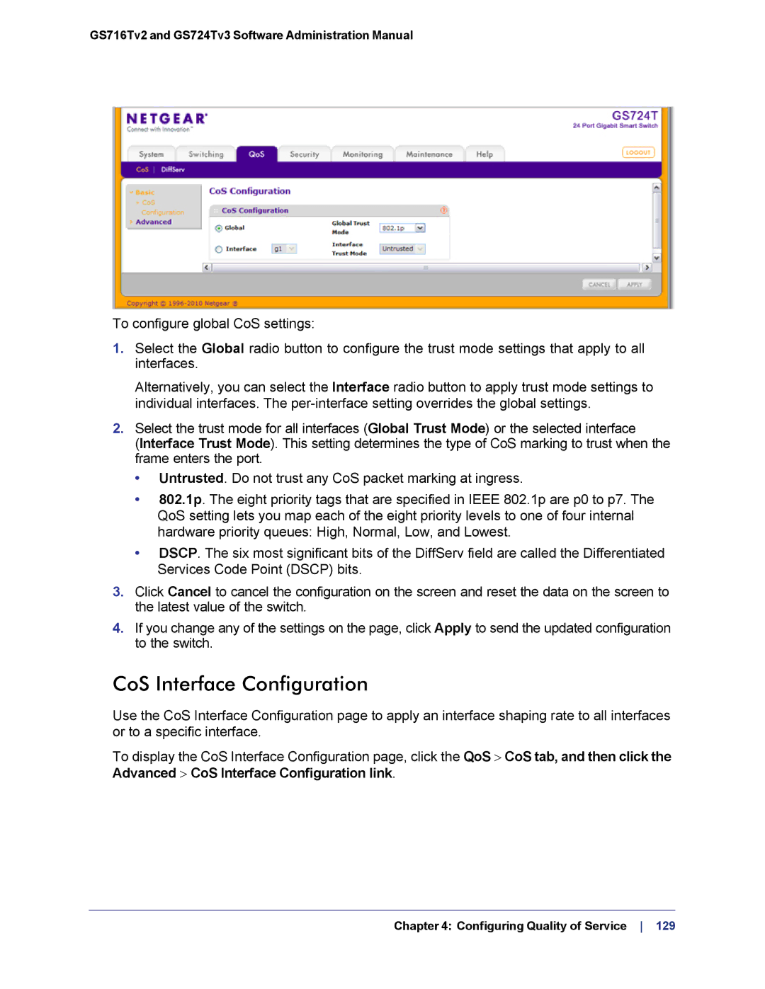 NETGEAR GS724TS-100NAS manual CoS Interface Configuration 