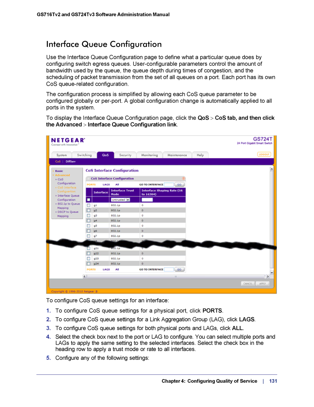 NETGEAR GS724TS-100NAS manual Interface Queue Configuration 