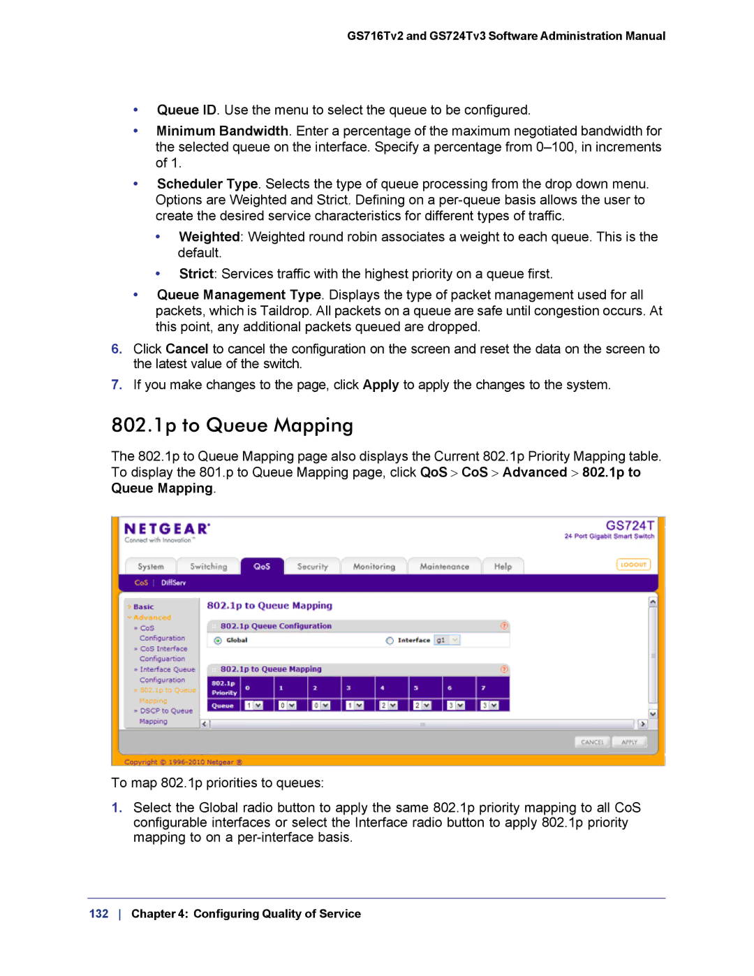 NETGEAR GS724TS-100NAS manual 802.1p to Queue Mapping 