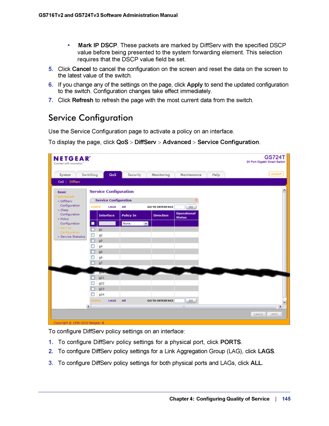 NETGEAR GS724TS-100NAS manual Service Configuration 