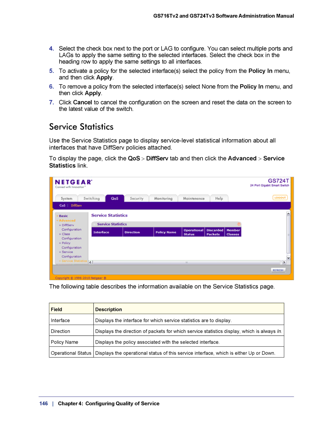 NETGEAR GS724TS-100NAS manual Service Statistics, Statistics link 